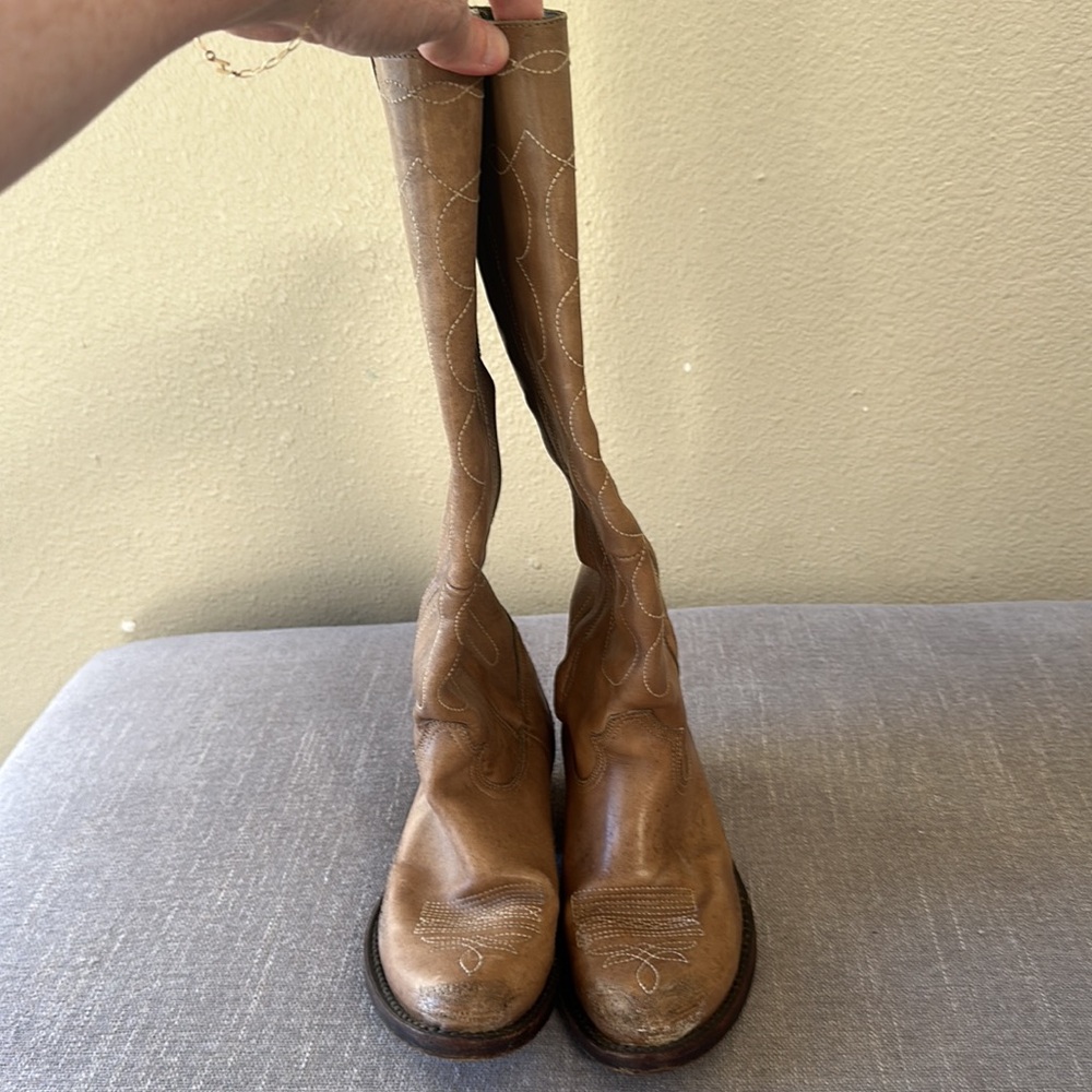 RARE Golden Goose Tan Distressed Side Zip Leather Western Riding Boots Size 36 - Picture 3 of 13